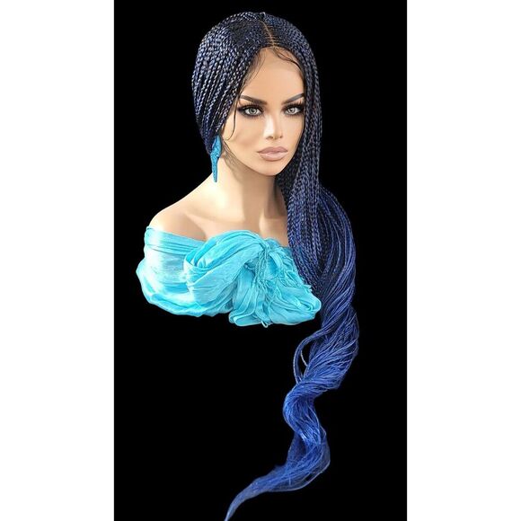 Handmade  Braided Lace Wig, Knotless Box Braids Long  Blue Ombre Wig NWT - Picture 15 of 15
